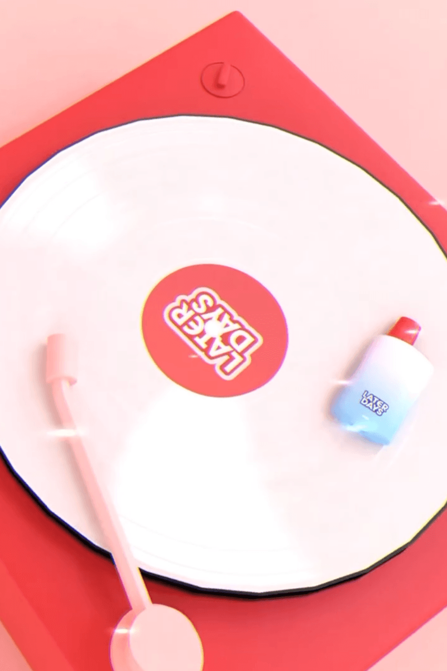 Later Days vape next to a red vinyl record on a turntable in NJ