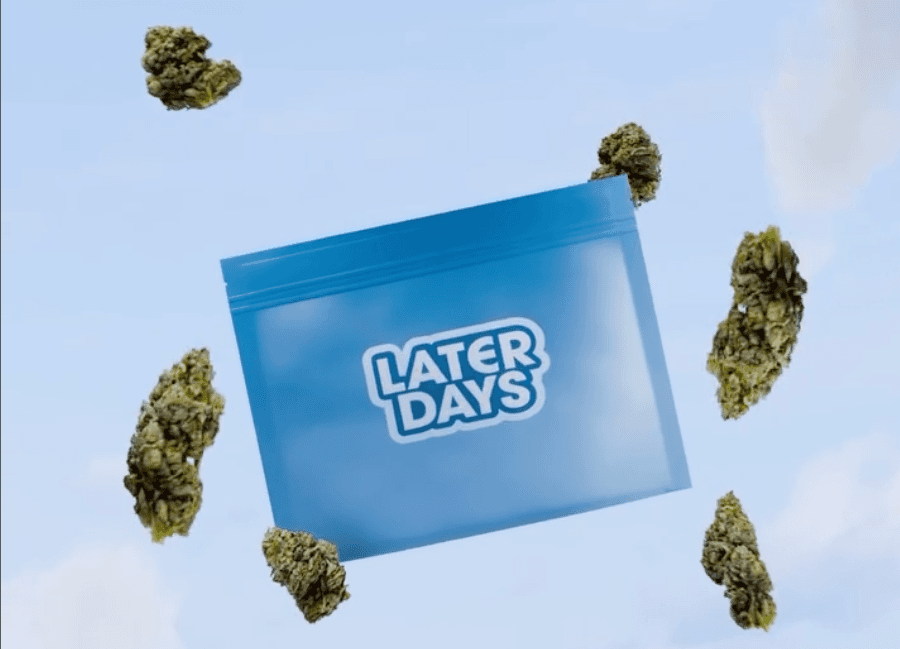 Later Days blue mylar bag surrounded by floating cannabis flower buds in New Jersey