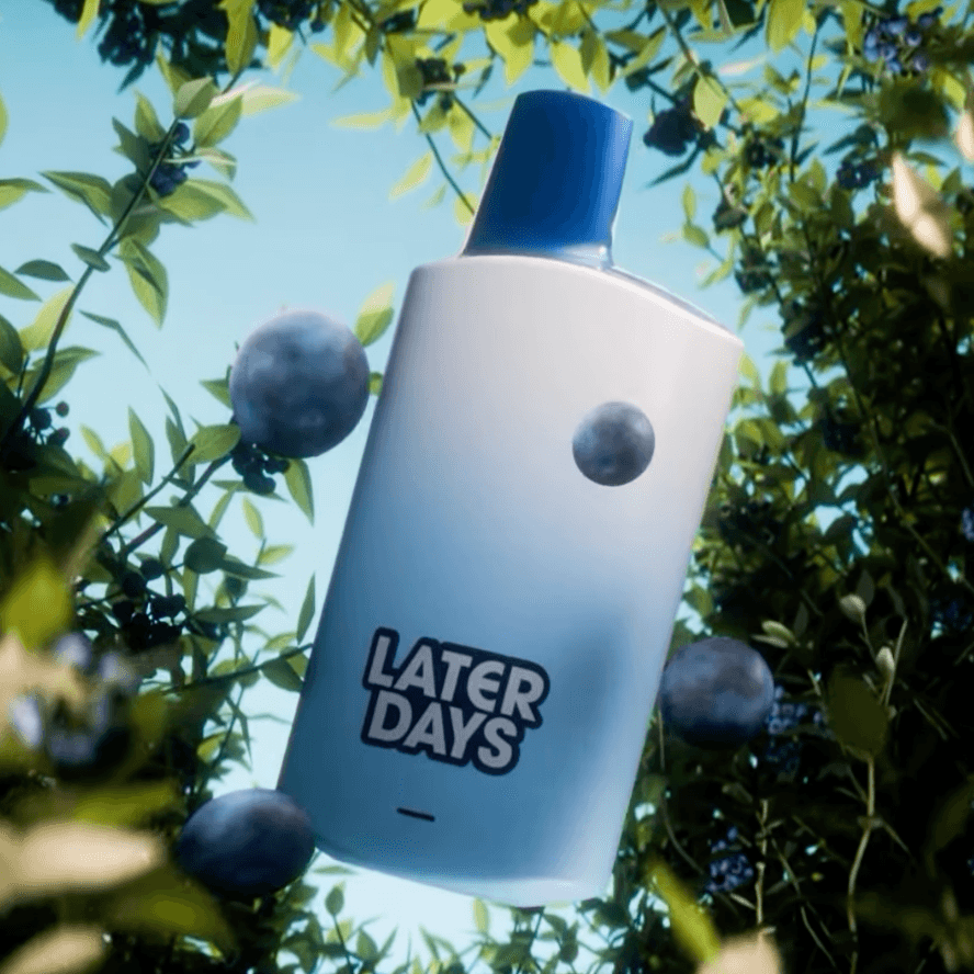Later Days blueberry vape pen nestled between fresh blueberry bushes at Hashery NJ