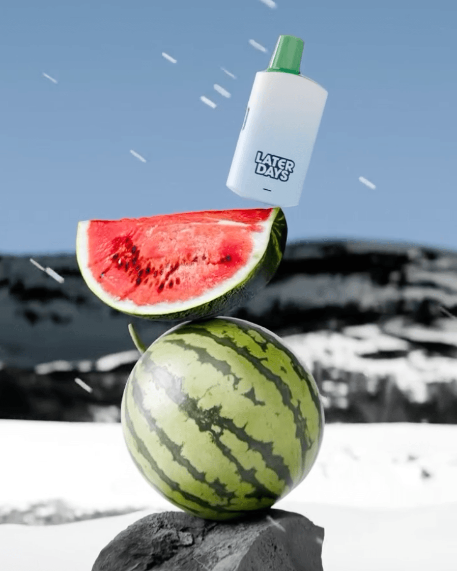Later Days watermelon ice vape with frozen fruit and snowflakes in New Jersey