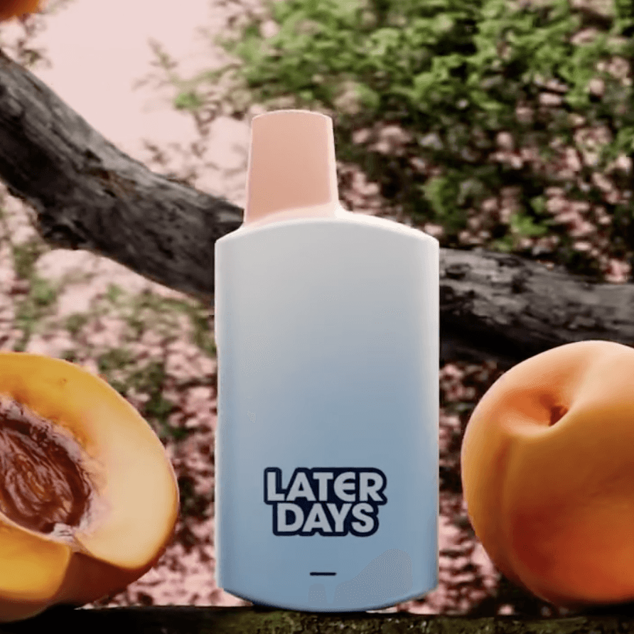 Later Days peach flavor vape with a sliced peach on a natural rock surface in NJ