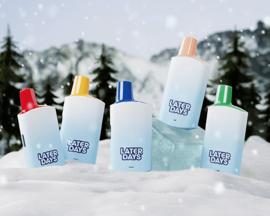 Later Days full flavor lineup of disposable vapes in a snowy mountain setting in New Jersey