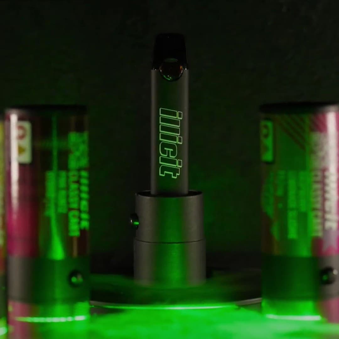 Illicit pre-rolls and cartridges in branded display case