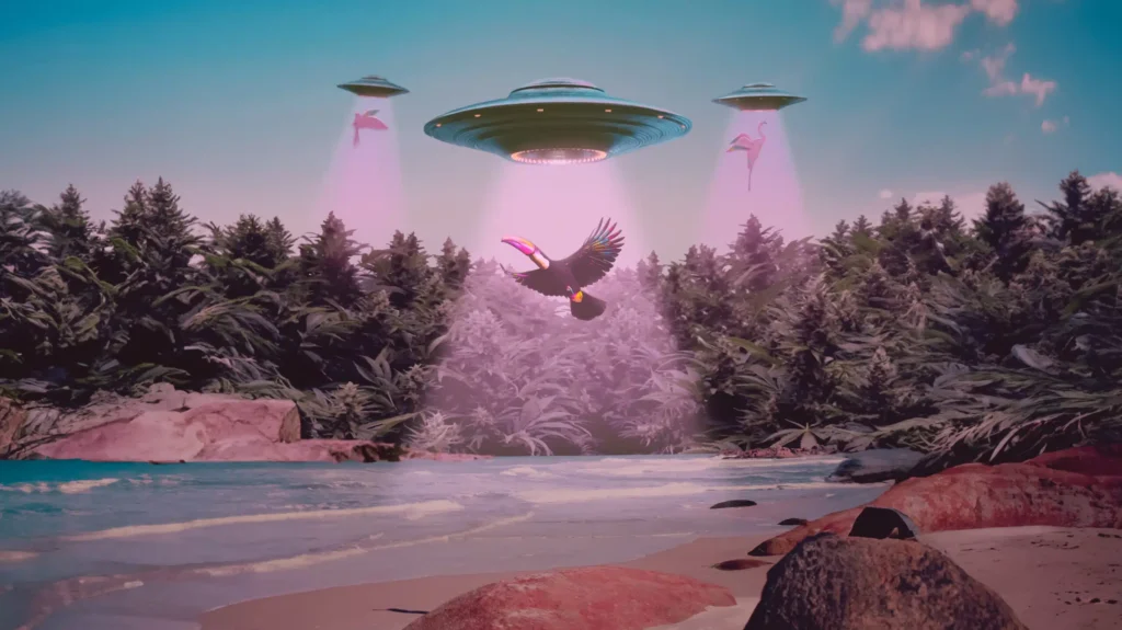 Fresh Grow brand artwork featuring tropical forest and UFOs